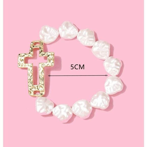 Ivory Pearl Gold Cross Stretch Bracelet - Picture 2 of 4